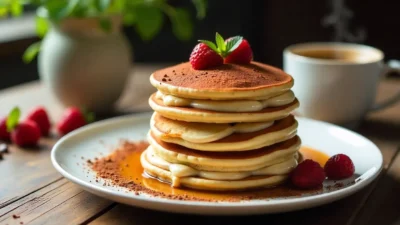 Vegan tiramisu pancakes layered with cream, coffee syrup, and cocoa, garnished with berries and mint on a wooden table.