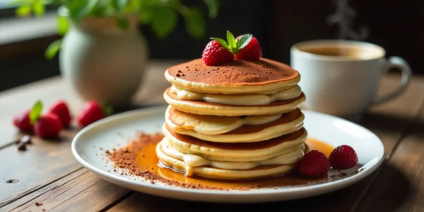 Vegan tiramisu pancakes layered with cream, coffee syrup, and cocoa, garnished with berries and mint on a wooden table.