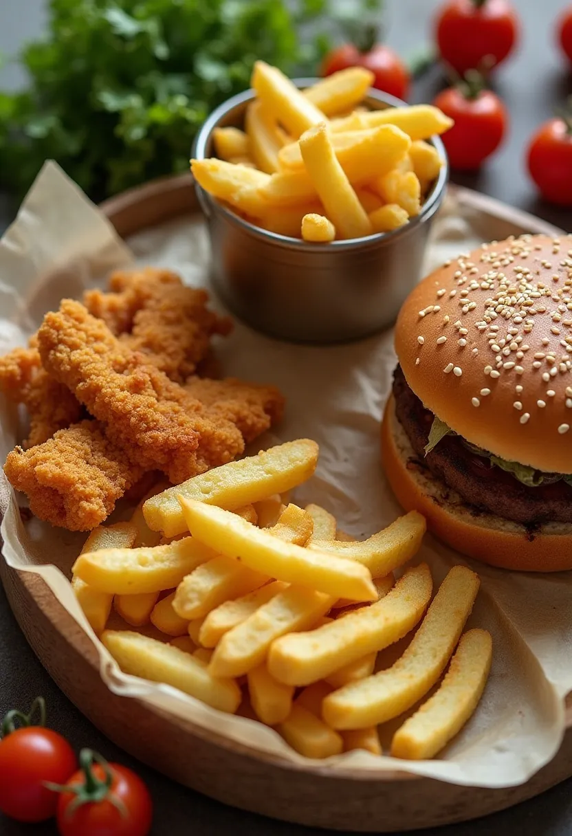 Flat-lay of fried and processed foods beside fresh vegetables, illustrating how saturated and trans fats may contribute to breakouts.