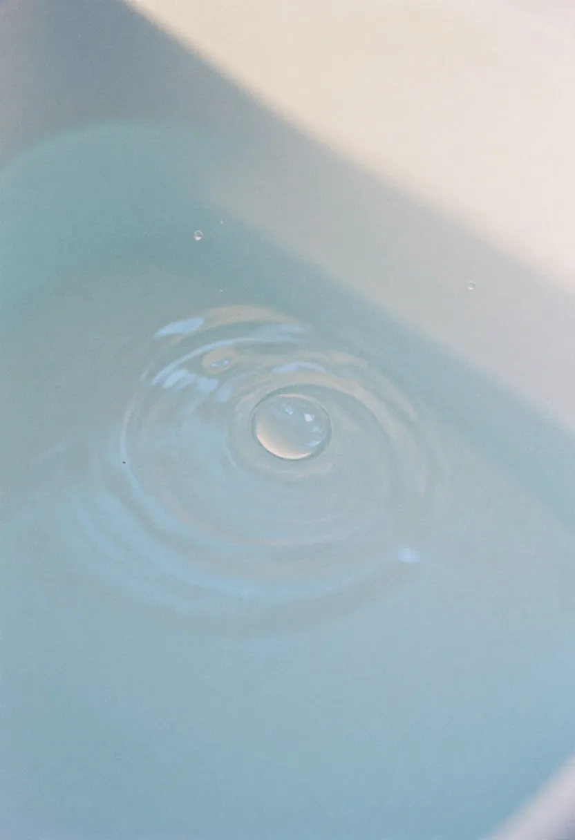 Close-up of water droplets and ripples in soft natural light, creating a clean, minimal representation of hydration in the body.