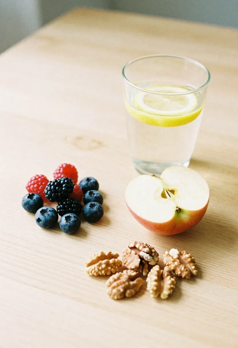 Fresh berries, sliced apple, lemon water, and nuts on a light wooden table in soft natural light, representing the concept of a sugar-free diet.