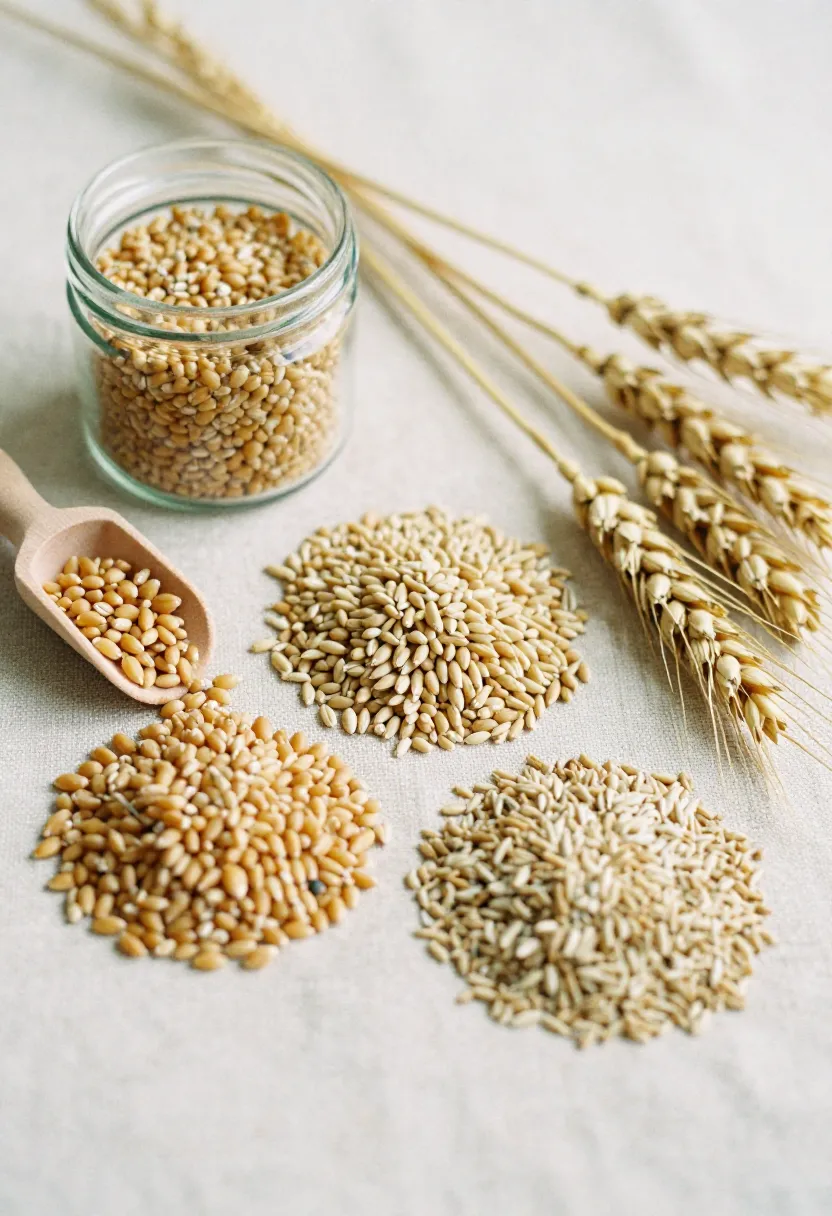 A close-up of wheat, barley, and rye grains arranged on a linen surface in soft natural light, illustrating what gluten is and where it comes from.