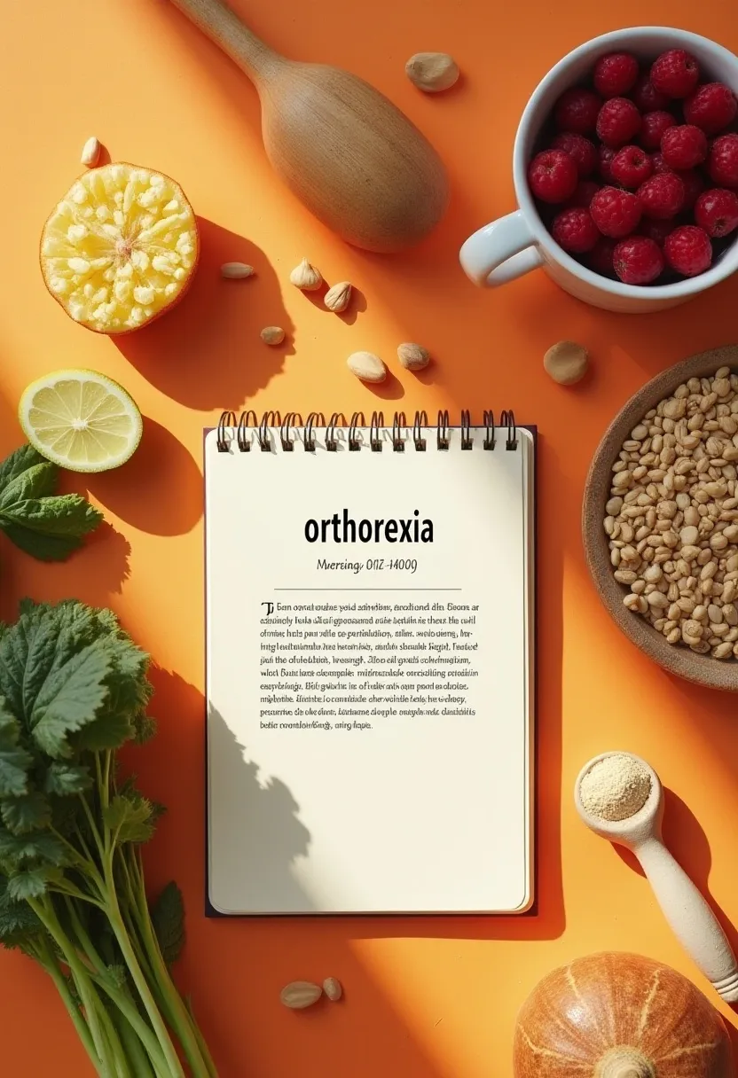 Flat-lay of healthy foods with an open notebook, symbolizing the definition and origins of orthorexia.