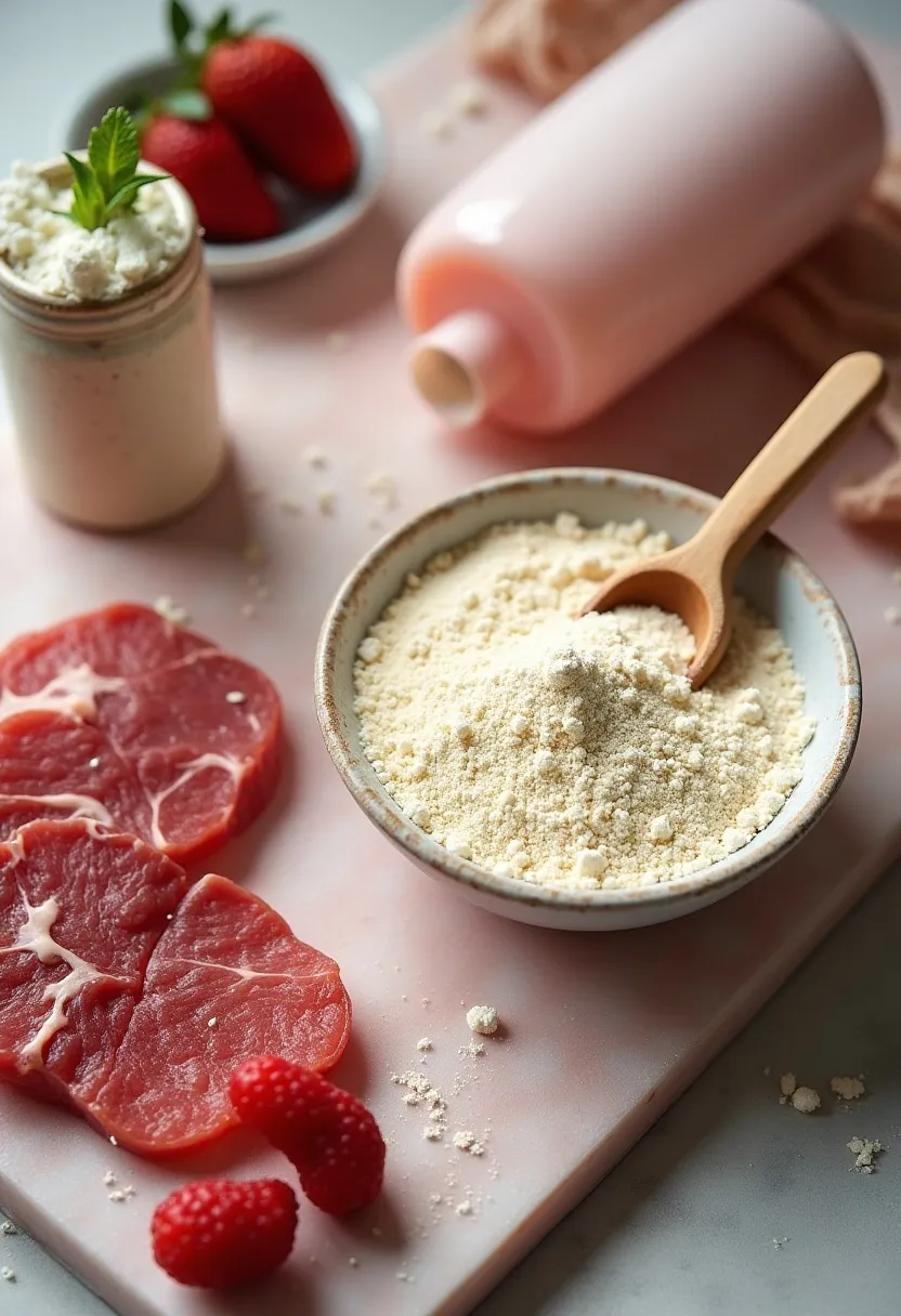 Flat-lay of whey protein, shaker bottle, and meat items with fresh produce, illustrating how certain protein sources can trigger acne.