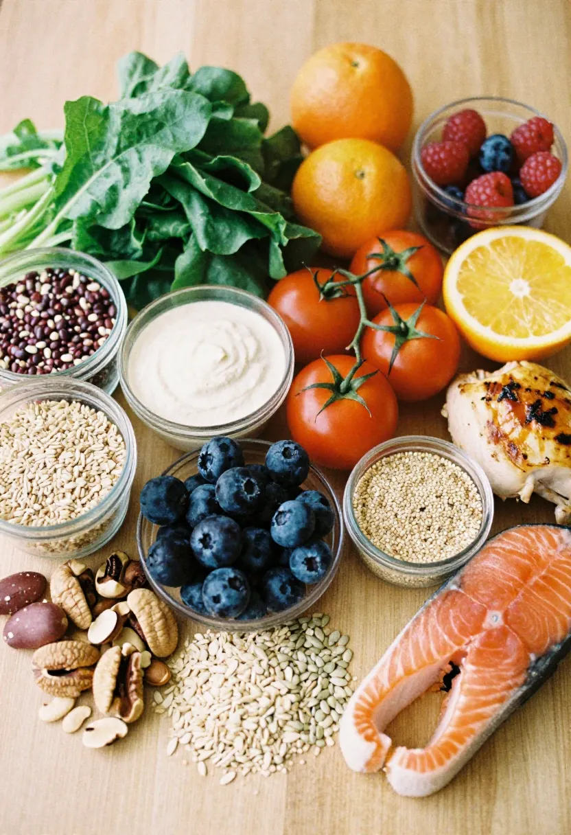 A colorful selection of whole foods including leafy greens, fruits, whole grains, legumes, nuts, seeds, and salmon arranged to highlight what to eat more of for healthy blood pressure.