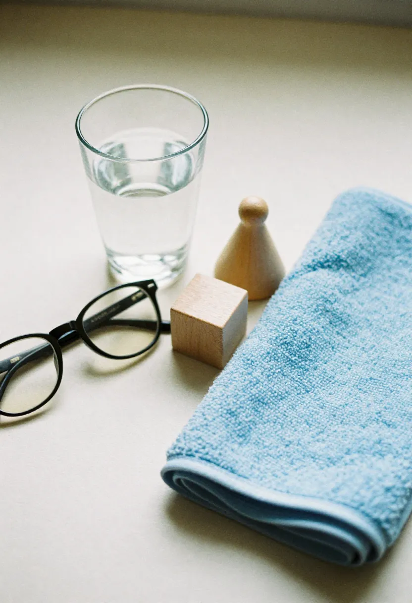 A nearly empty glass of water with reading glasses, a toy block, and a fitness towel, symbolizing groups most at risk of dehydration.