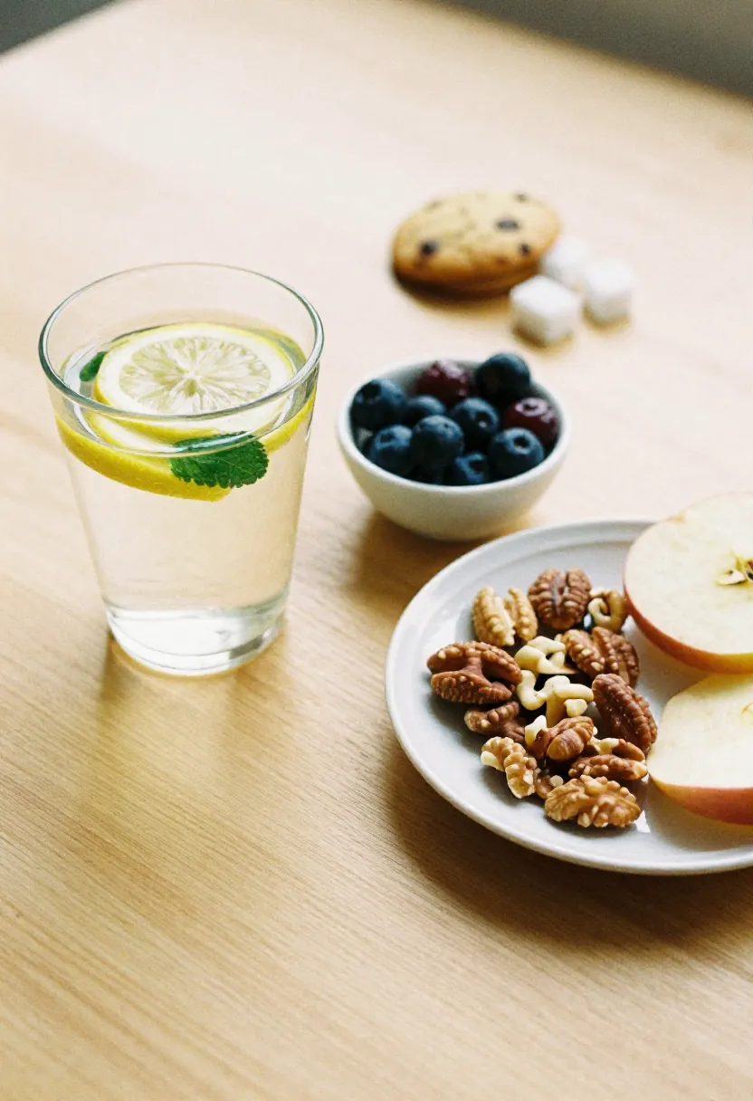 Lemon water, berries, nuts, and apple slices arranged in soft natural light with a small sugary item in the background, symbolizing that cutting sugar doesn’t have to be hard.