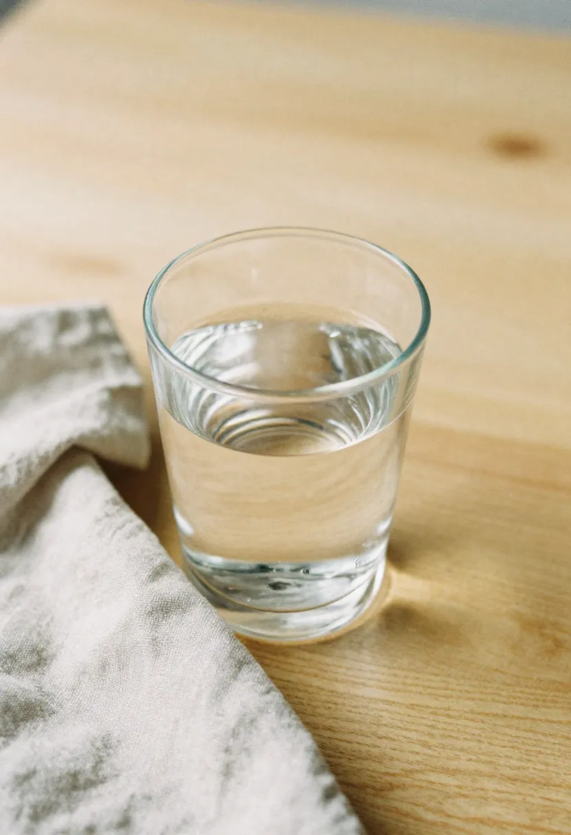 A half-full glass of water on a wooden surface in soft morning light, symbolizing the hidden risks of dehydration beyond thirst.