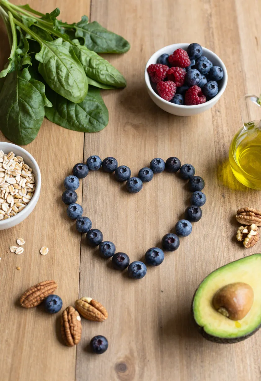 Heart-healthy foods including greens, oats, berries, nuts, and avocado arranged on a rustic table, symbolizing why diet plays a key role in cholesterol control.