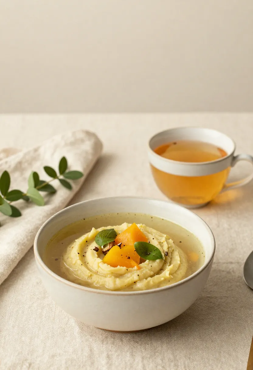 A warm bowl of vegetable soup and herbal tea in soft natural light, symbolizing the importance of eating well in older age.