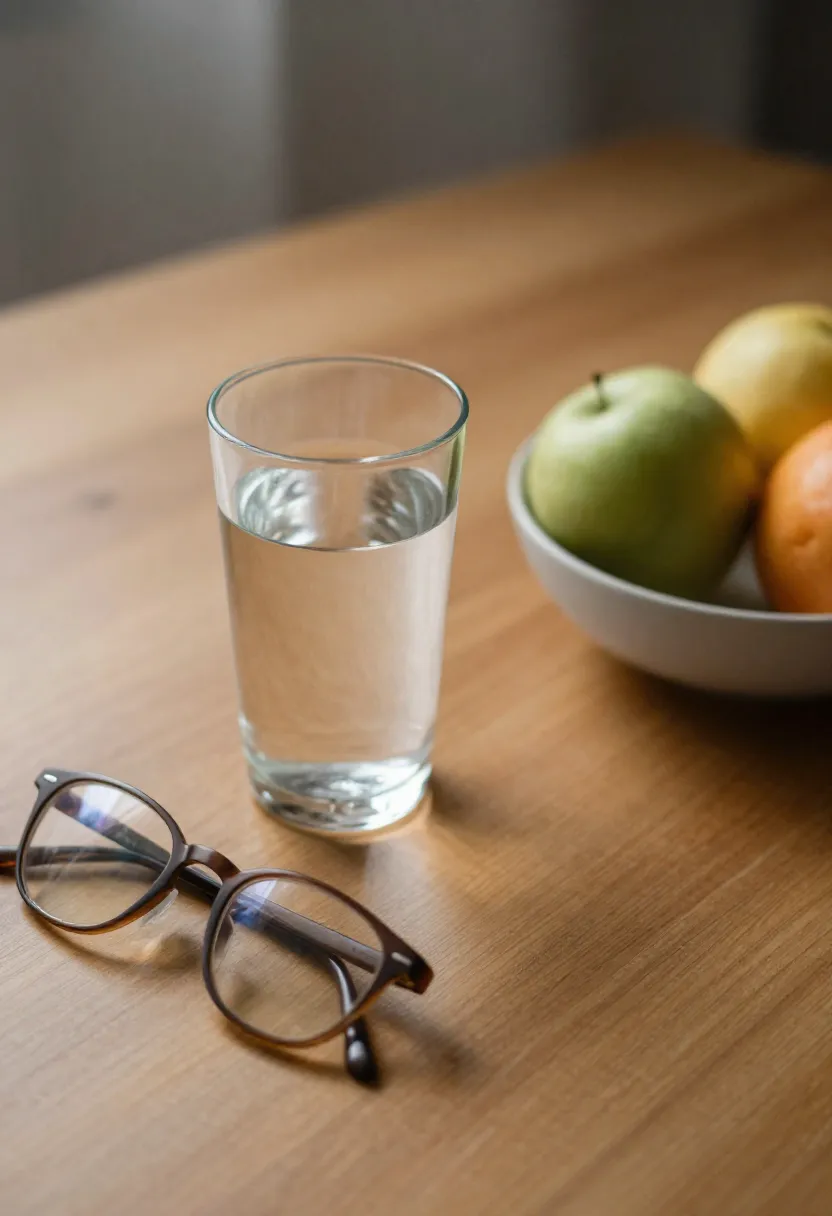 A half-full glass of water with reading glasses and fruit in soft natural light, symbolizing why hydration becomes more important with age.