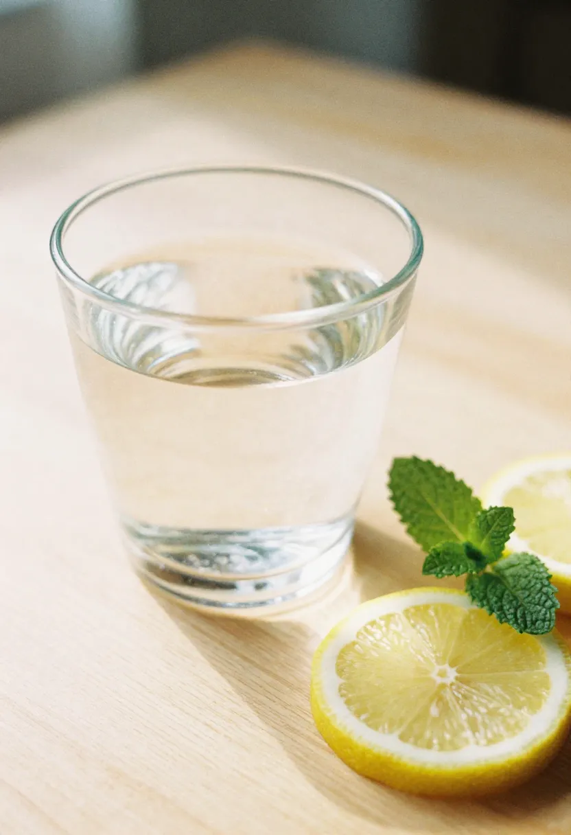 A glass of water in warm morning light with lemon and mint on a wooden surface, styled in a soft, calming wellness aesthetic.