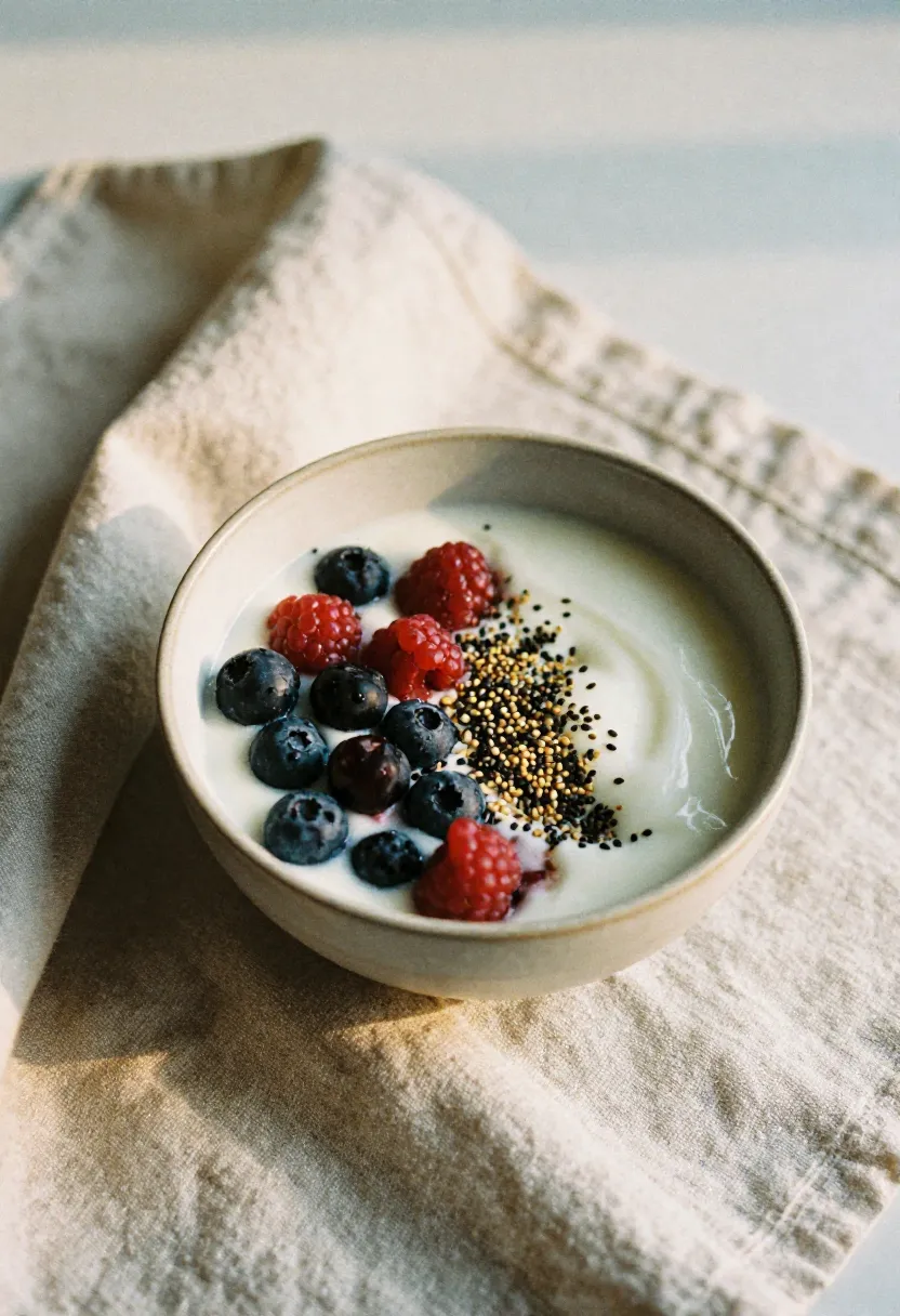 Nourishing bowl with berries and seeds in soft natural light, symbolizing intuitive eating beyond weight loss.