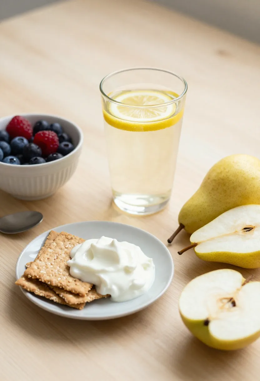 Lemon water, berries, whole grains, and sliced fruit arranged on a light wooden surface in soft natural light, symbolizing the importance of reducing sugar in later life.