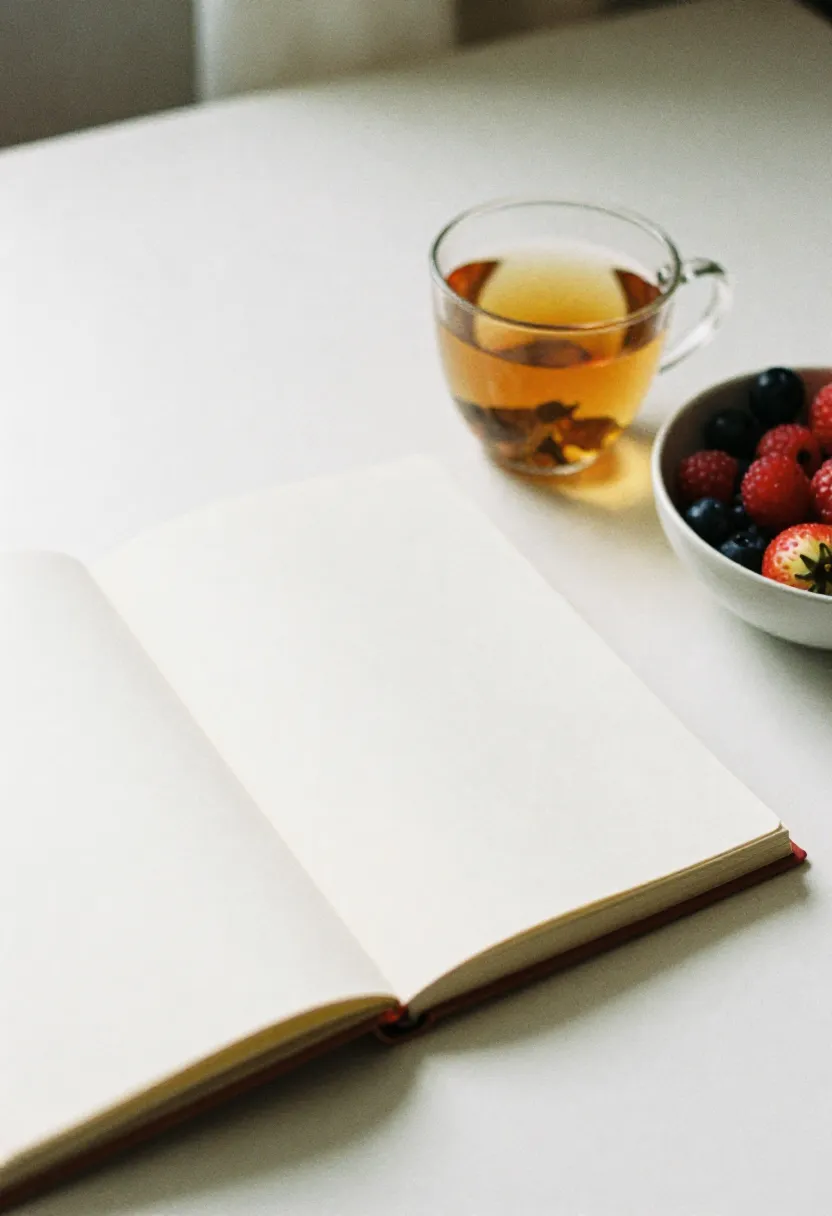 Open journal, a cup of tea, and a bowl of fruit in soft natural light, symbolizing the importance of supportive conversations with teens.