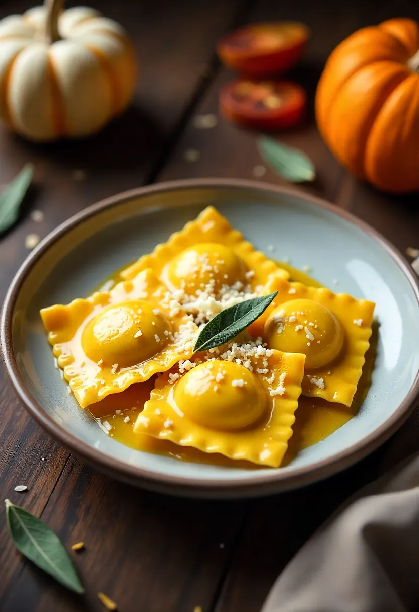 Handmade pumpkin ravioli with thin pasta and simple ingredients in a minimalist setting.
