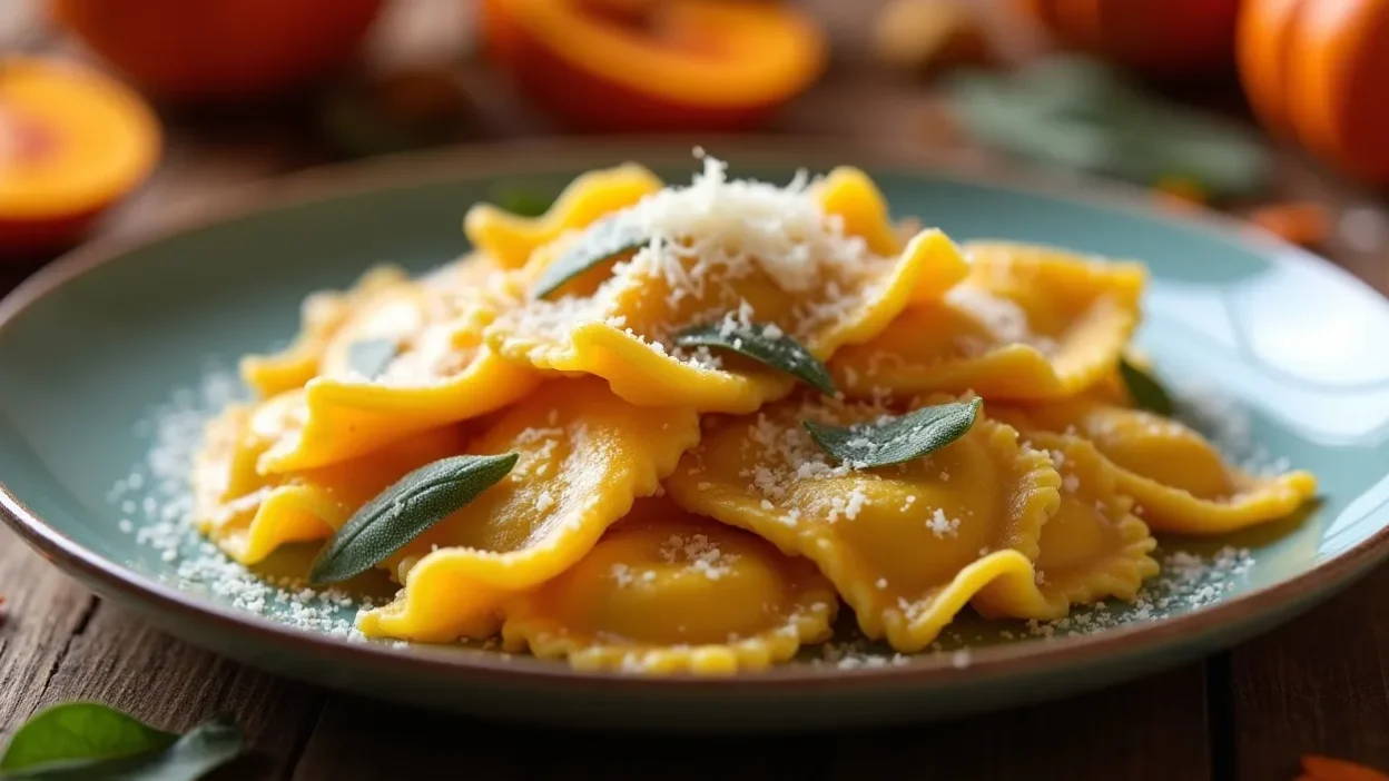 Pumpkin ravioli with brown butter sage sauce served on a rustic table with autumn decor.