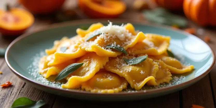 Pumpkin ravioli with brown butter sage sauce served on a rustic table with autumn decor.