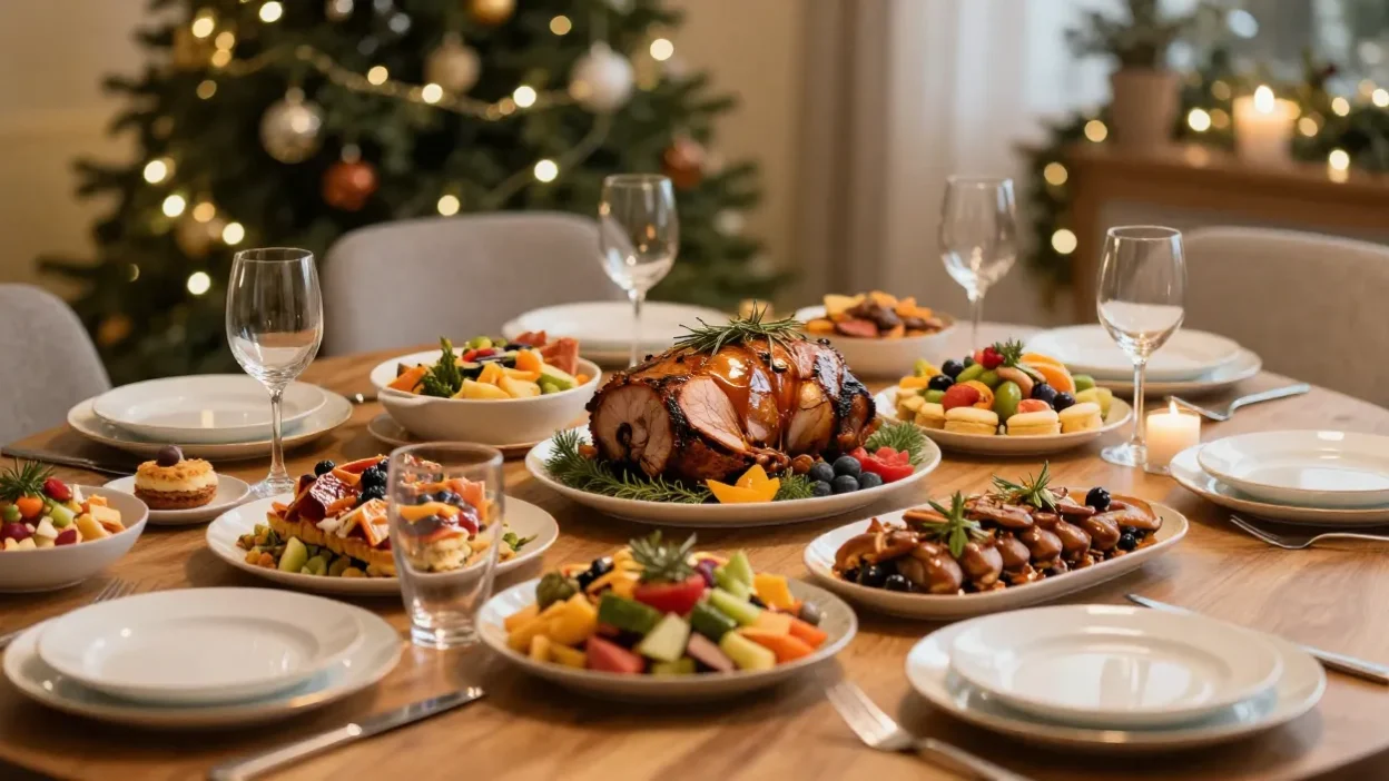 Festive holiday table filled with dishes and a Christmas tree in the background
