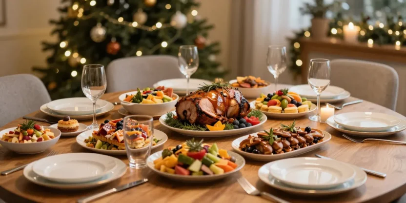 Festive holiday table filled with dishes and a Christmas tree in the background