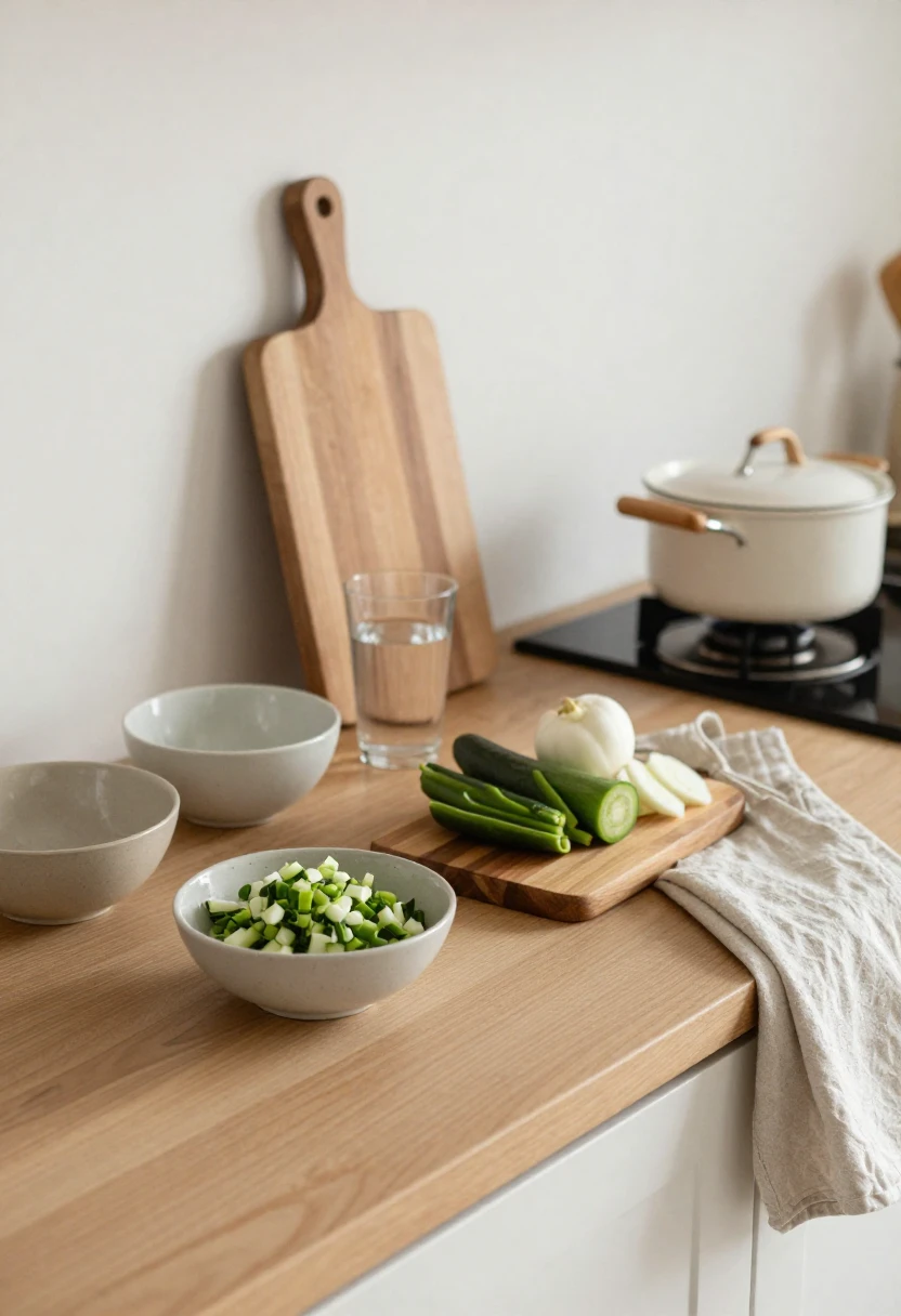 Organized kitchen setup with simple ingredients representing a 20-minute mindful cooking ritual