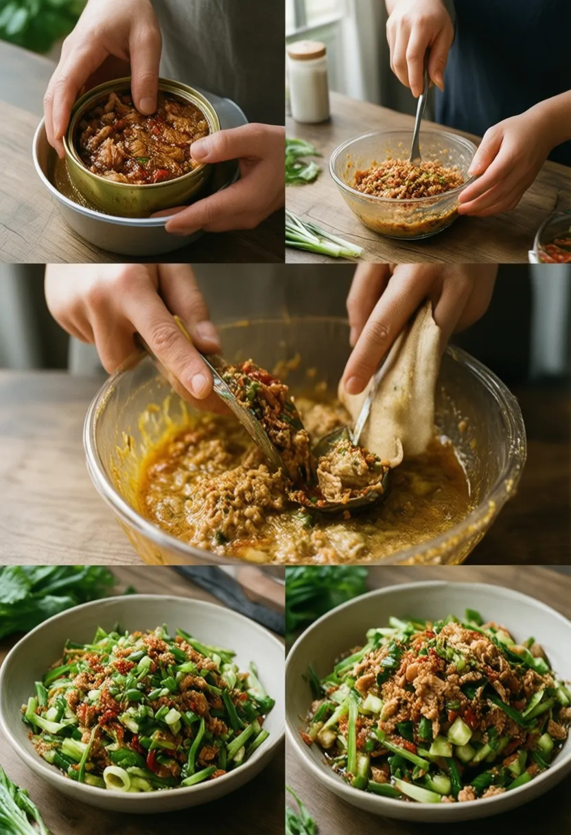 Step-by-step collage showing how to make spicy tuna salad