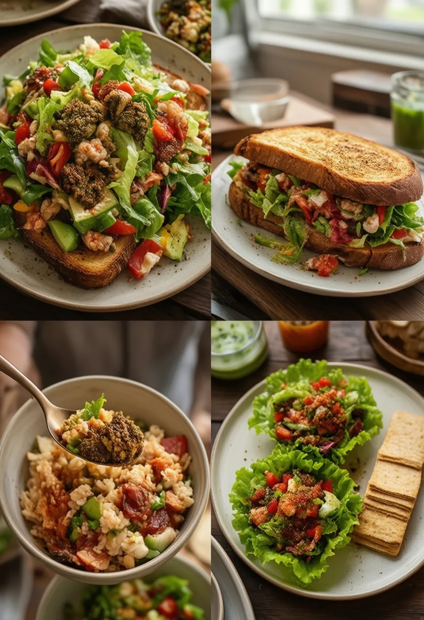 Collage showing spicy tuna salad served on toast, rice, lettuce cups, and with crackers