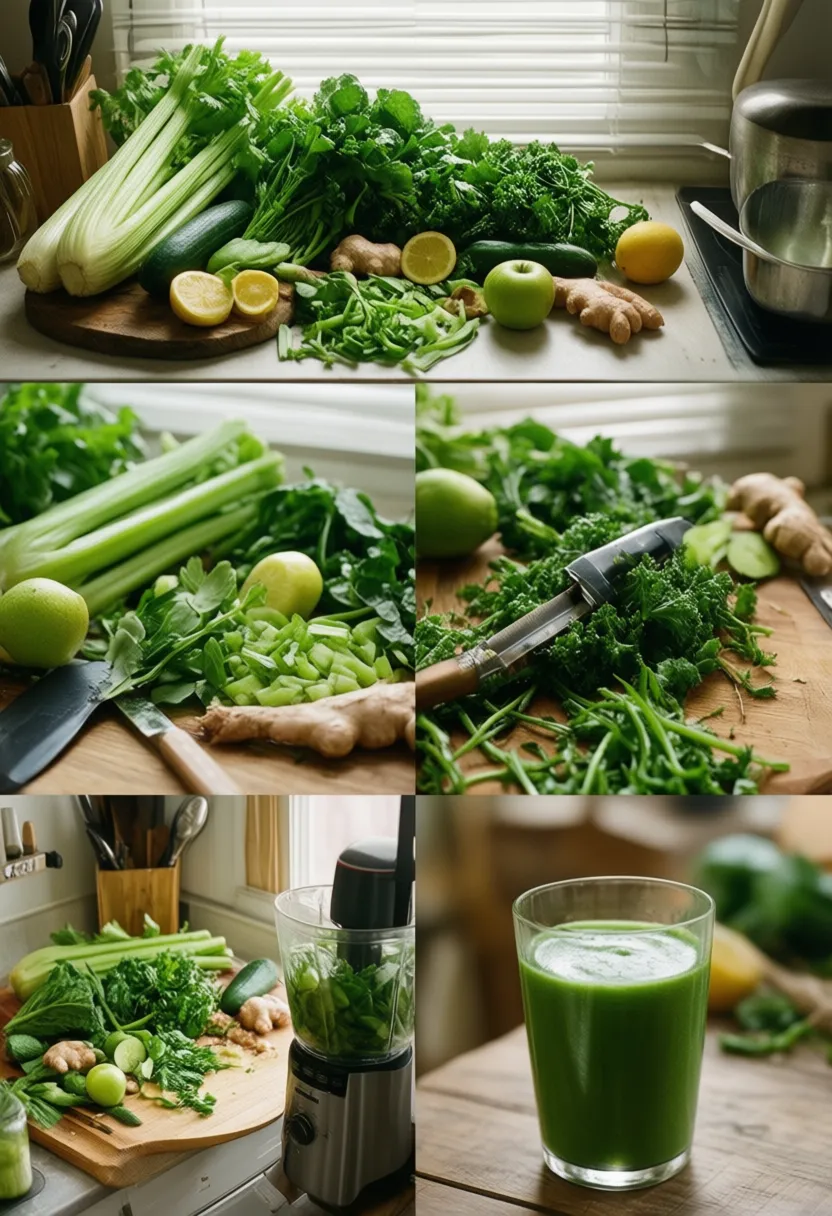 Collage showing green juice ingredients, preparation, blending, and a glass of fresh juice