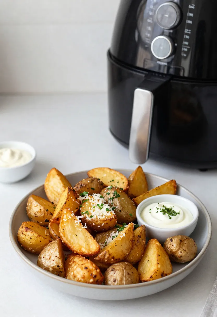 Crispy air fryer potatoes with herbs and dipping sauces next to an air fryer