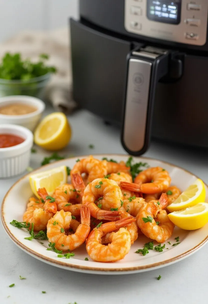 Air fryer shrimp with herbs and lemon next to an air fryer