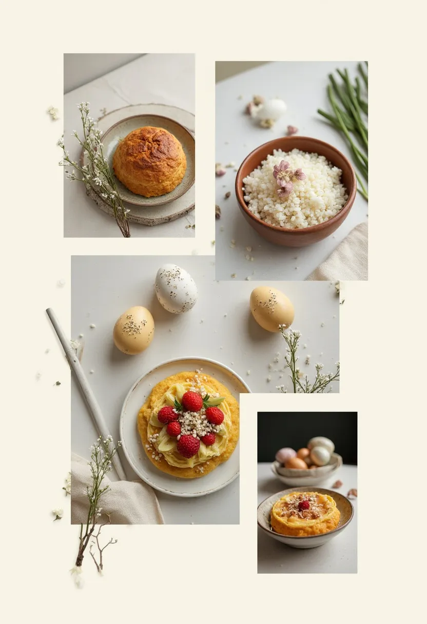 Asian-inspired Easter collage with kulich and decorated eggs in a calm setting