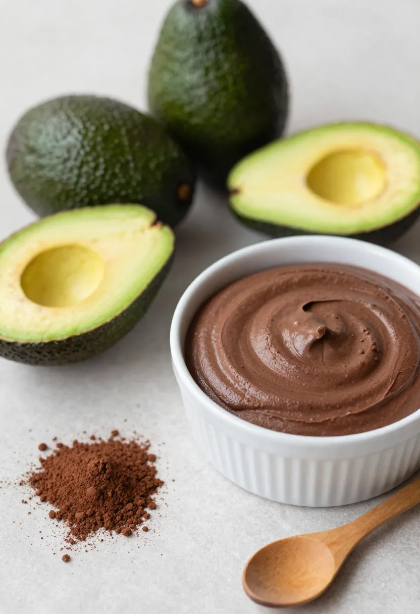 Ripe avocados and creamy chocolate avocado mousse with cocoa powder on a light background.