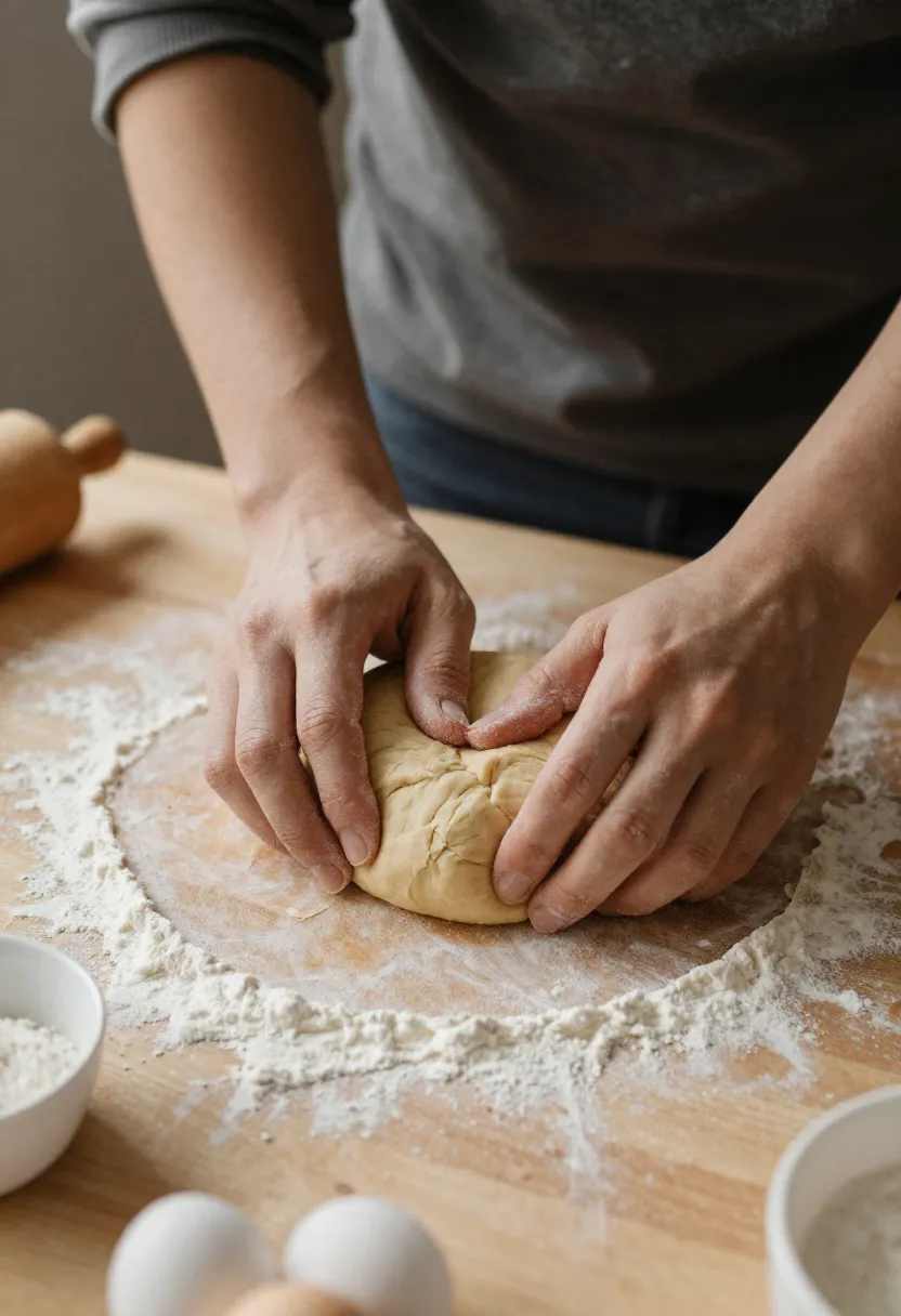 Hands kneading dough for Easter bread in a warm, light-filled scene