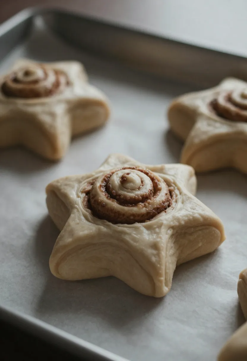 Star-shaped cinnamon roll dough resting before baking, styled in a calm winter atmosphere that reflects slow and intentional holiday baking.