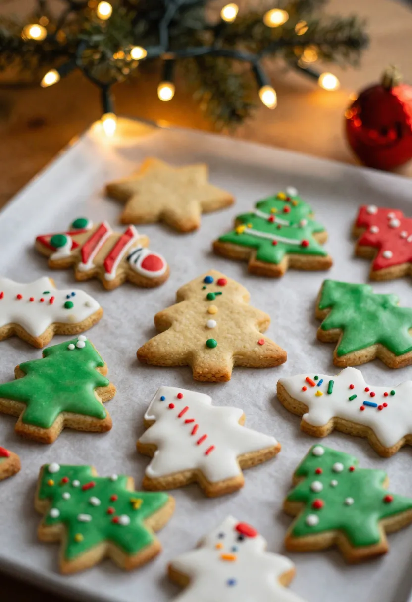 Imperfect Christmas cookies with colorful icing and sprinkles in a warm festive holiday setting.