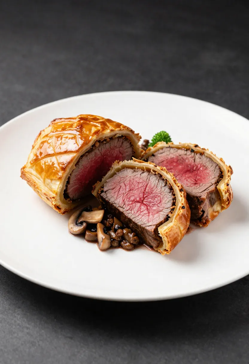 Sliced Beef Wellington with golden puff pastry and pink beef center