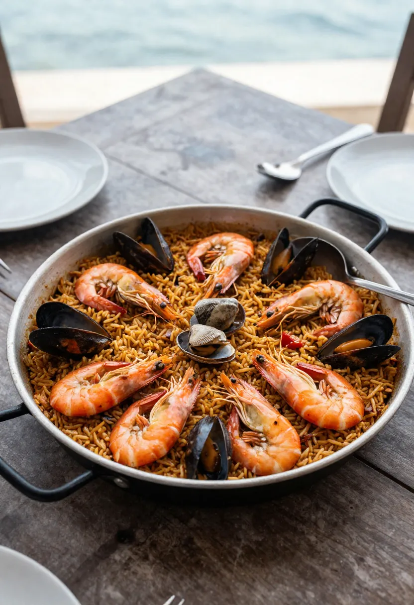 Large pan of seafood rice with shrimp and shellfish, served for sharing at a coastal table.