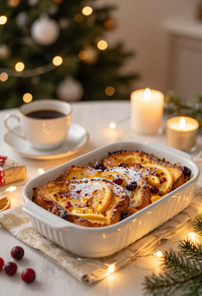 Cozy Christmas morning scene with baked French toast and warm holiday lights.