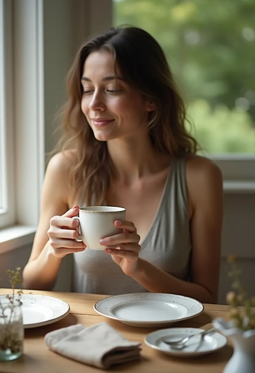 Cottagecore brunch food collage with rustic bread, butter, fruit, and soft light