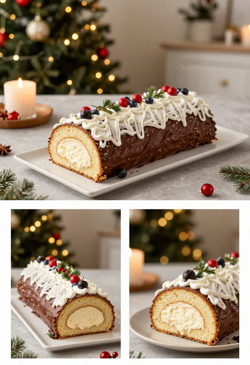 Chocolate Yule Log cake served as a festive New Year holiday dessert
