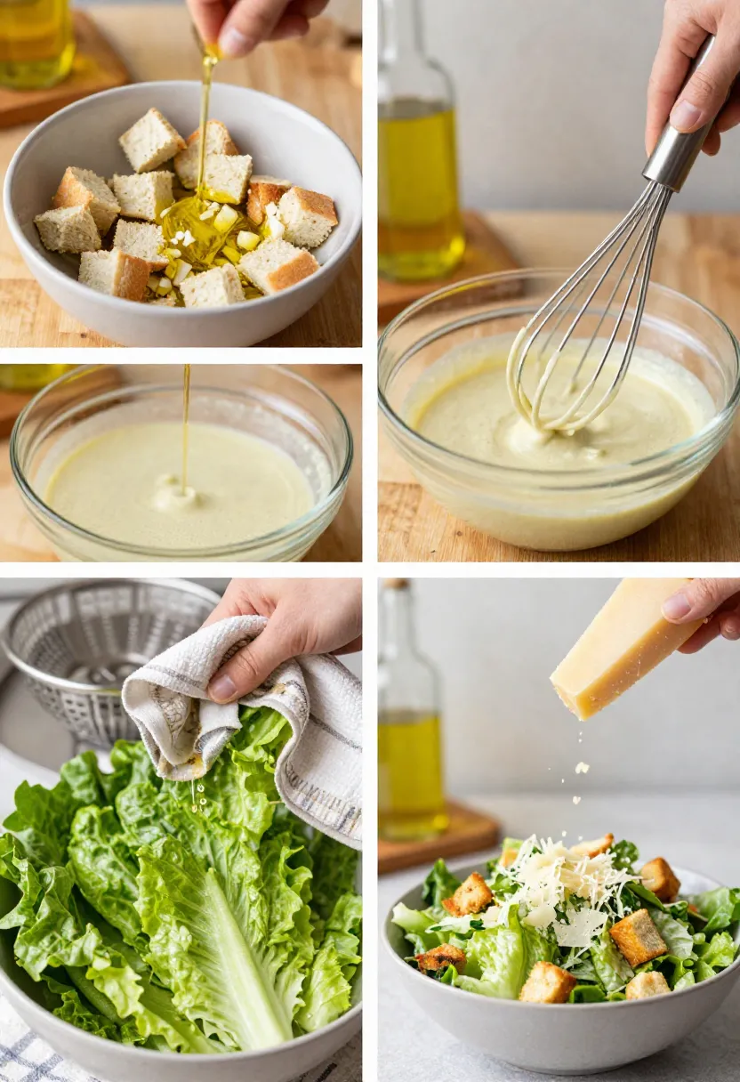 Step-by-step collage of homemade Caesar salad preparation.