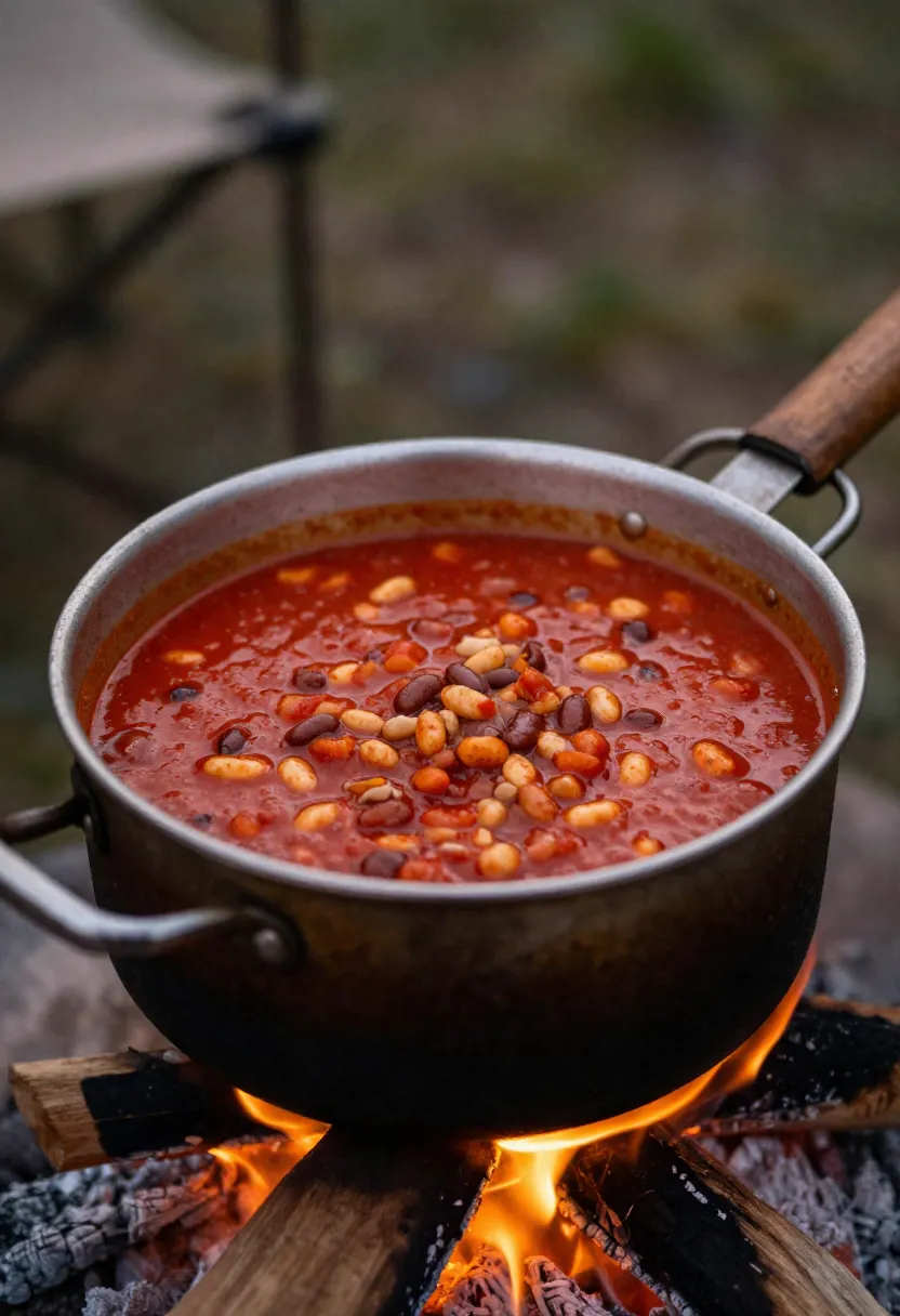 Campfire chili cooking in a pot over an outdoor fire