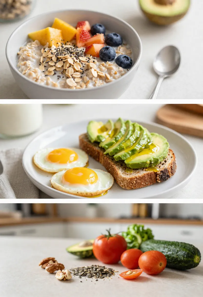 Balanced breakfast with protein, whole grains, healthy fats, and fresh vegetables