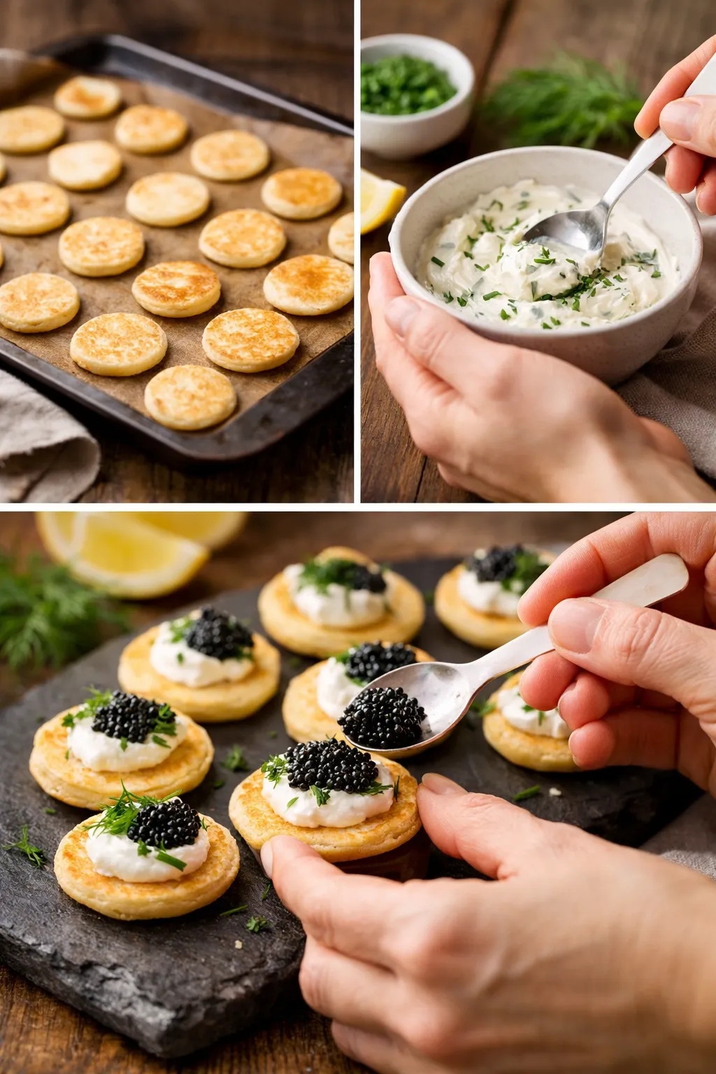 Step-by-step preparation of caviar blinis with herbs and crème fraîche