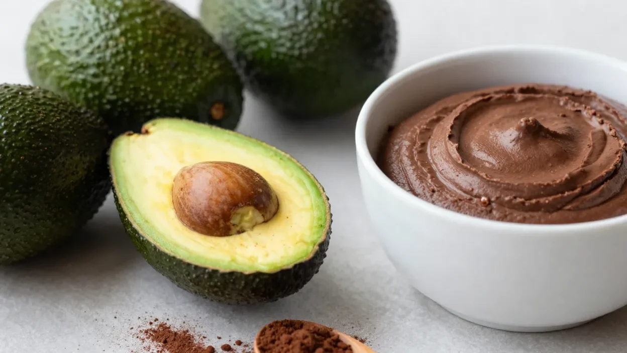 Chocolate avocado mousse in glass cups with fresh avocados and cocoa powder on a bright table.