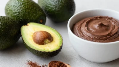 Chocolate avocado mousse in glass cups with fresh avocados and cocoa powder on a bright table.