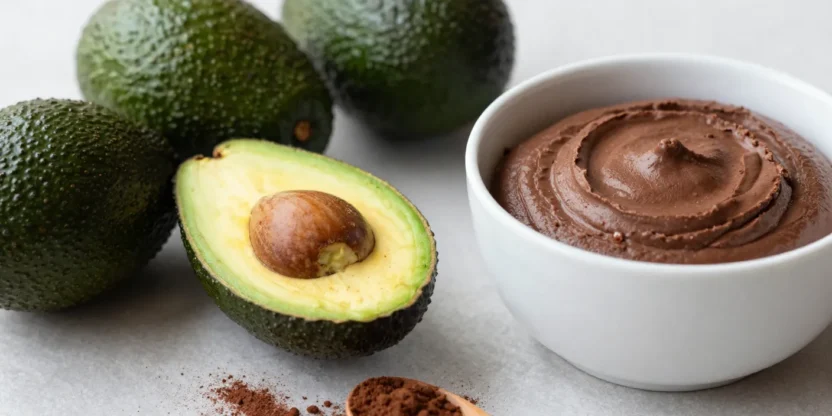 Chocolate avocado mousse in glass cups with fresh avocados and cocoa powder on a bright table.
