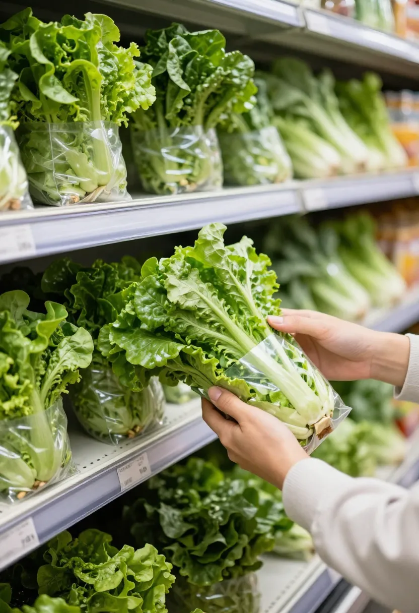 Person choosing fresh salad greens in a grocery store