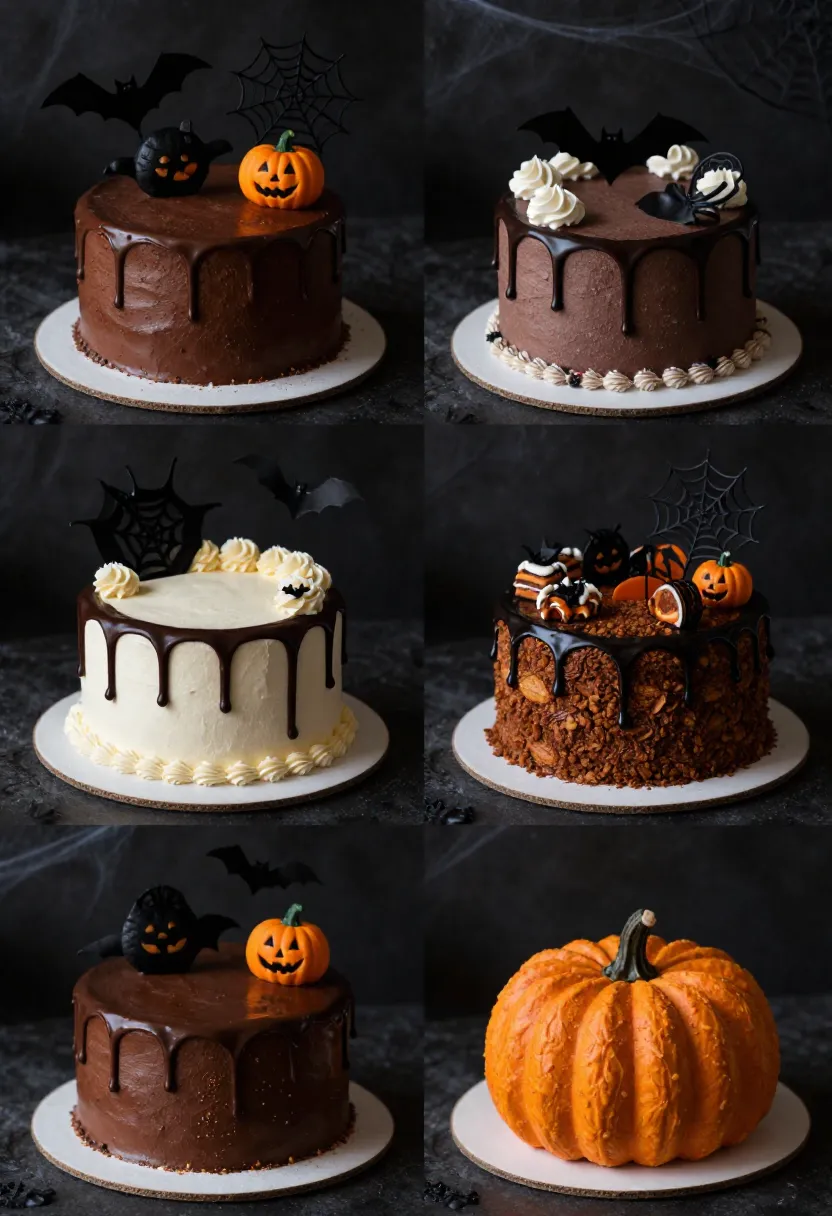 Halloween cake collage showing chocolate, vanilla, and pumpkin cakes on a dark background