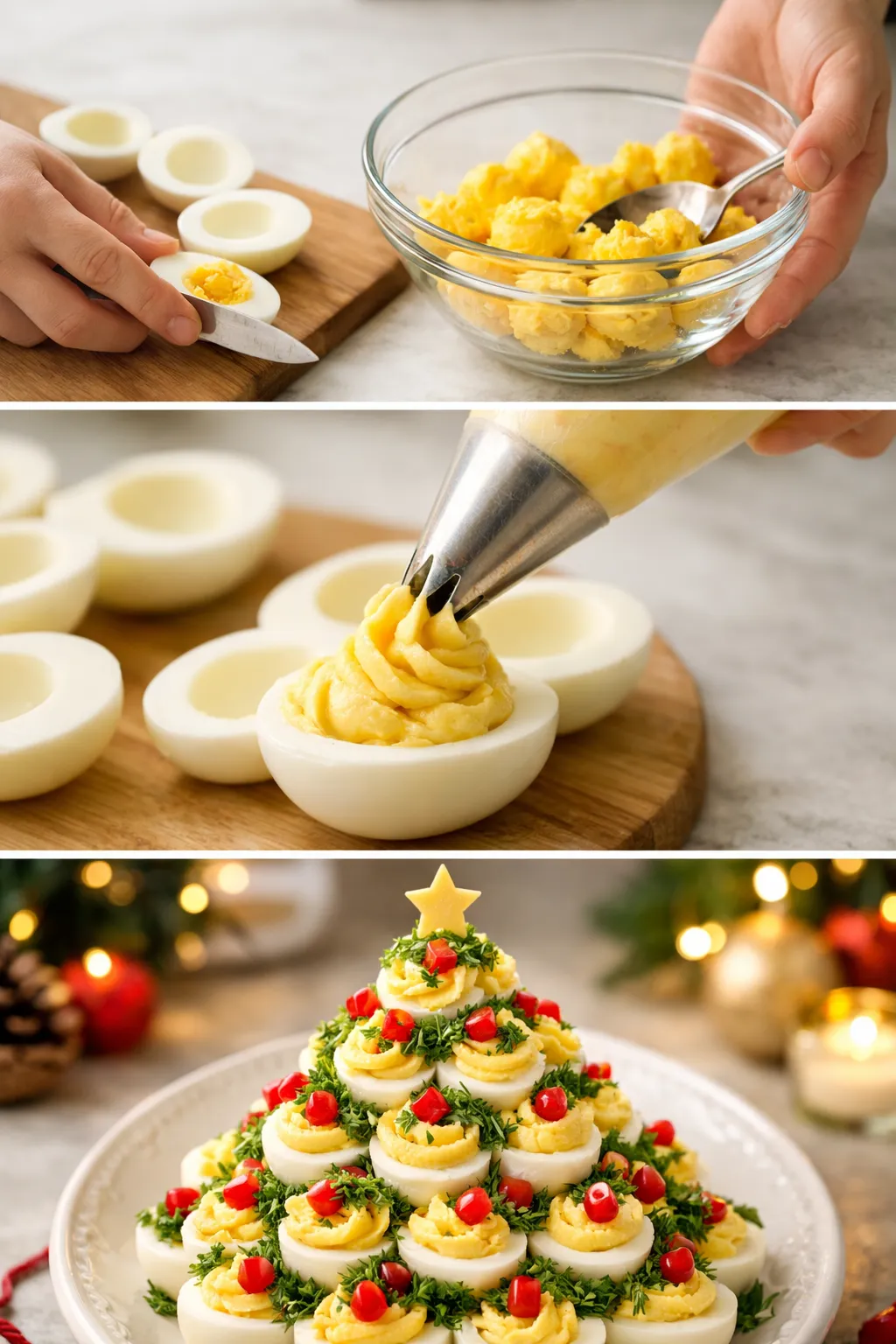 Step-by-step collage of Christmas tree deviled eggs preparation.